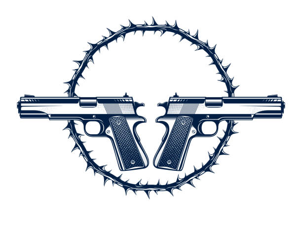 ilustrações de stock, clip art, desenhos animados e ícones de two crossed handguns vector emblem or logo isolated on white, vintage style coat of arms crest, weapons, army force or gang sign. - gangsta rap