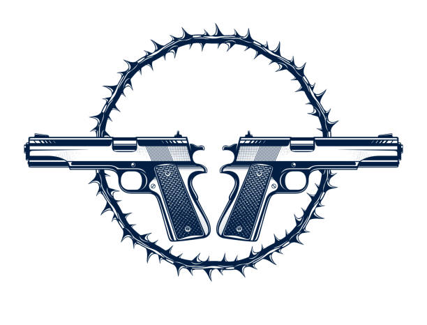 два скрещенных пистолета вектор эмблема или логотип изолированы на белом, старинный стиль герба, оружие, армия силы или банды знак. - гангста stock illustrations