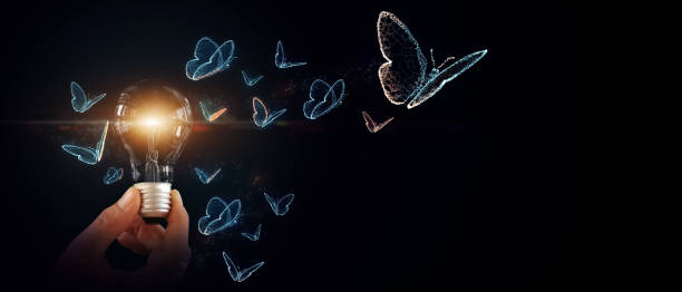 istock Abstract illustration 3D background hand holding light bulb with butterfly flying freedom concept of think inspiration creative idea motivation for future technology business transform innovation 1227647228