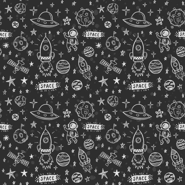 Vector doodle space seamless pattern. Doodle chalk drawing background Vector doodle space seamless pattern. Doodle chalk drawing background rocketship patterns stock illustrations