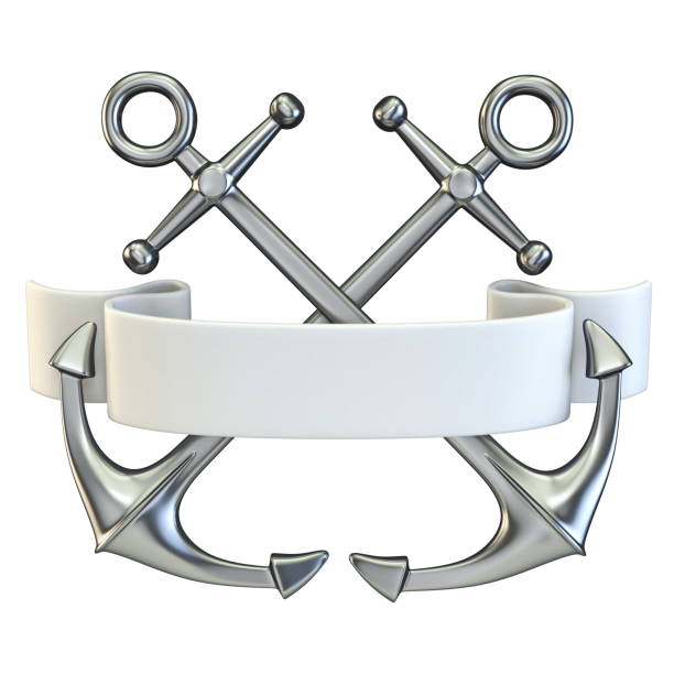 istock Two crossed anchors with white ribbon 3D 1227648878