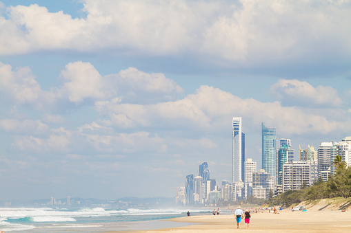 Gold Coast landscape, Queensland from north of Main Beach, The Spit, as the name implies, extends into the seaway and the landmass consists mostly of public parkland making it a popular location for fishing, boating and relaxing.