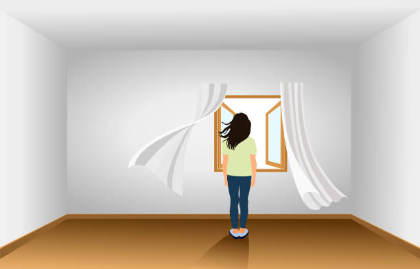 Sad Young female character looking through the window. Sad Young female character looking through the window. Back view.Depressive girl .problem and depression looking at view illustrations stock illustrations