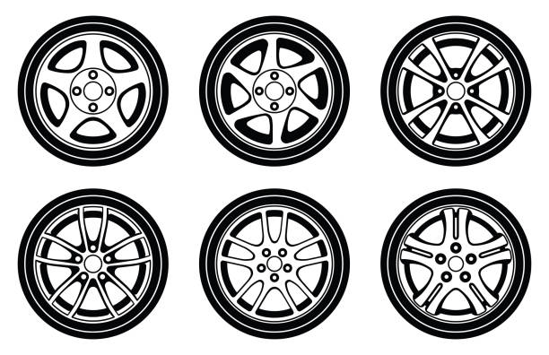 illustrazioni stock, clip art, cartoni animati e icone di tendenza di set di icone delle ruote dell'auto. parti di auto. illustrazione vettoriale - alloy wheel