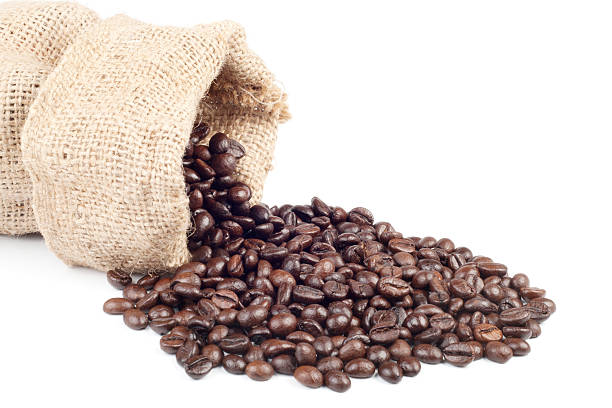 istock Coffee beans in canvas sack on white background 122815452