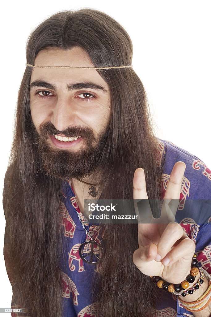 Friendly Hippie With Long Hair Making Peace Sign Stock Photo - Download  Image Now - Adult, Adults Only, Beard - iStock