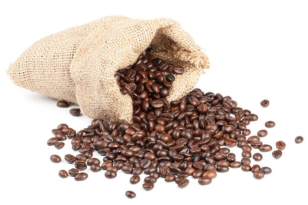 istock Coffee beans in canvas sack on white background 122815831