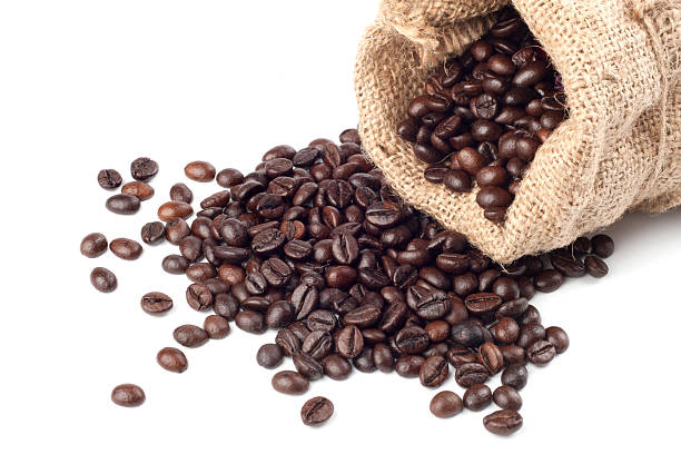istock Coffee beans in canvas sack on white background 122815835