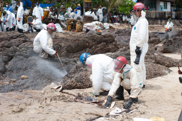 trabalhadores e voluntários estão pulverizando produtos químicos em petróleo cru contaminado na praia. - oil slick pouring chemical oil - fotografias e filmes do acervo