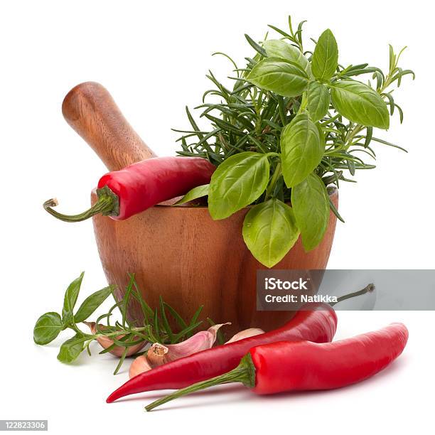 Fresh Flavoring Herbs And Spices In Wooden Mortar Stock Photo - Download Image Now - Basil, Brightly Lit, Chili Pepper