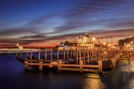 Venice cost with gondolas in twilight