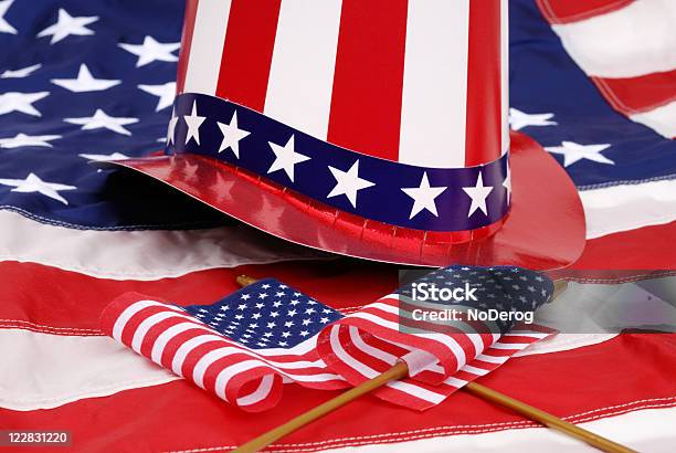 Uncle Sams Top Hat And American Flags Stock Photo - Download Image Now - American Culture, American Flag, Blue