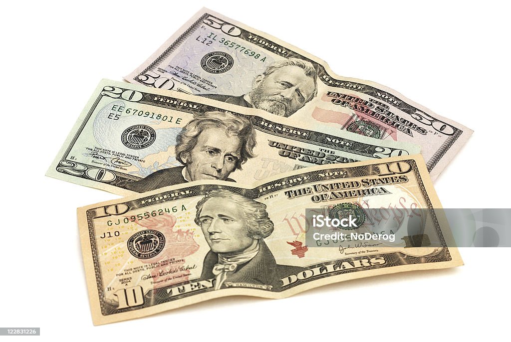 Três contas de moeda americana em várias denominações - Foto de stock de Bringing Home The Bacon-provérbio em inglês royalty-free