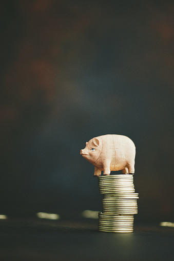 Little piggy bank balancing on top of a stack of gold coins. Finance and Savings