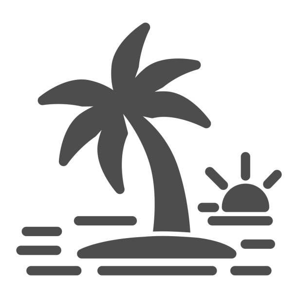 illustrazioni stock, clip art, cartoni animati e icone di tendenza di isola con un'icona solida di palma, concetto estivo, segno del tramonto su sfondo bianco, palma da cocco sull'icona dell'isola in stile glifo per il concetto mobile e il web design. grafica vettoriale. - hawaii islands immagine
