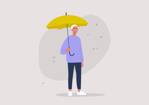 прогноз погоды, сезон дождей, молодой мужской персонаж, держащий желтый зонтик - storm umbrella parasol rain stock illustrations
