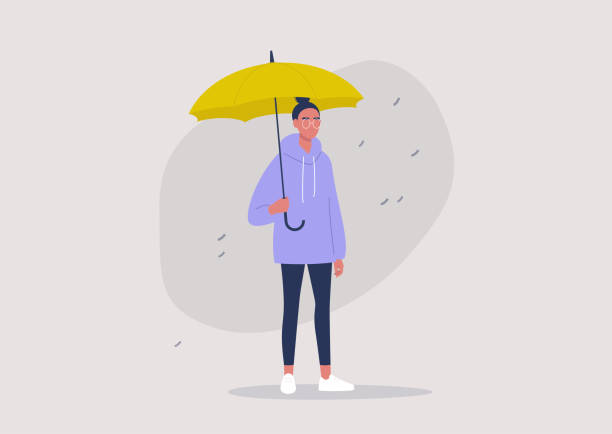 wettervorhersage, regenzeit, eine junge weibliche figur hält einen gelben regenschirm - meteorology spring season drop stock-grafiken, -clipart, -cartoons und -symbole