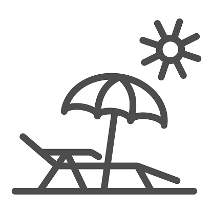 Chaise lounge on beach line icon, Summer concept, Deck chair with umbrella sign on white background, Beach parasol and lounger icon in outline style for mobile, web design. Vector graphics
