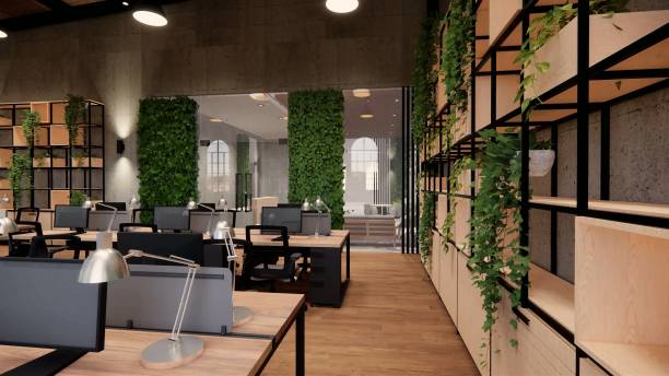 istock Interior Empty Modern Loft Office open space modern office footage.Modern open concept Lobby and reception area meeting room design. 3dRendering . 1228621226