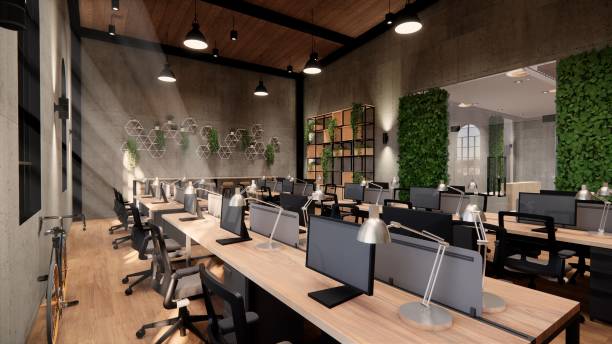 istock Interior Empty Modern Loft Office open space modern office footage.Modern open concept Lobby and reception area meeting room design. 3dRendering . 1228621227
