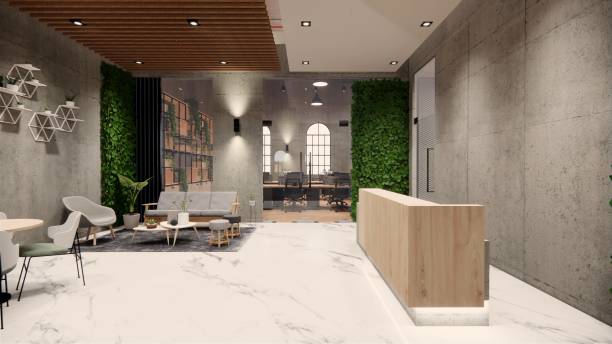 istock Interior Empty Modern Loft Office open space modern office footage.Modern open concept Lobby and reception area meeting room design. 3dRendering . 1228621742