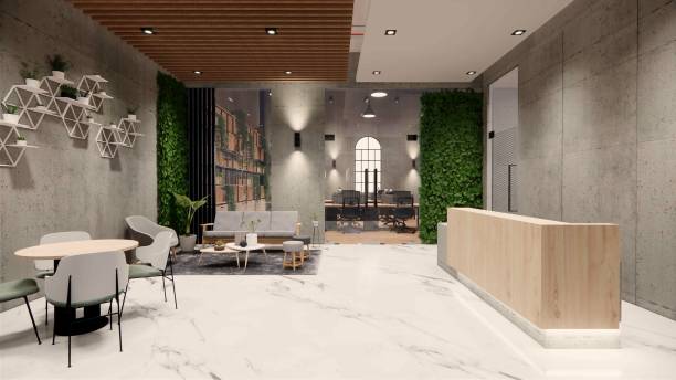 istock Interior Empty Modern Loft Office open space modern office footage.Modern open concept Lobby and reception area meeting room design. 3dRendering . 1228622303
