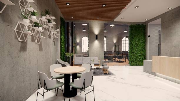 istock Interior Empty Modern Loft Office open space modern office footage.Modern open concept Lobby and reception area meeting room design. 3dRendering . 1228622501