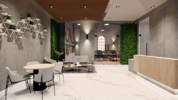 istock Interior Empty Modern Loft Office open space modern office footage.Modern open concept Lobby and reception area meeting room design. 3dRendering . 1228623264
