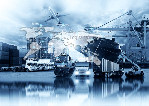 istock World map with logistic network distribution on background. Logistic and transport concept in front Logistics Industrial Container Cargo freight ship for Concept of fast or instant shipping, Online goods orders worldwide 1228801423