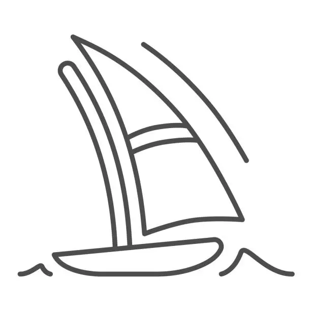 Vector illustration of Sailboat thin line icon, Summer vacation concept, Boat and sea wave sign on white background, yacht icon in outline style for mobile concept and web design. Vector graphics.