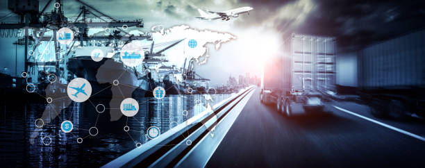 istock Global business of Container Cargo freight train for Smart business logistics and transportation concept, Air cargo trucking, Rail transportation and maritime shipping, Online goods orders worldwide 1228956047