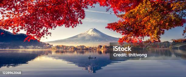 Colorful Autumn Season And Mountain Fuji With Morning Fog And Red Leaves At Lake Kawaguchiko Is One Of The Best Places In Japan Stock Photo - Download Image Now