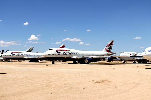Victorville, CA, USA - Aug 21, 2014: Stored British Airways Boeing 747-400 at Victorville Southern California Logistics Airport.