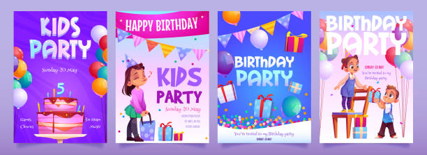 Kids birthday party invitation cartoon banners Kids birthday party invitation banners. Girl receive gift from boy. Little child in festive hat hold present with confetti and garlands around. Children event celebration flyer, Cartoon vector posters over the hill birthday stock illustrations