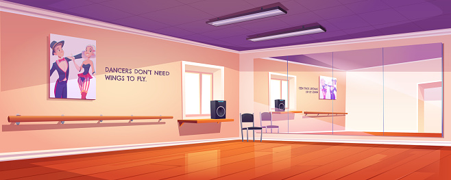 Dance studio, empty ballet class interior with mirrors and wooden floor. Rehearsal room for lessons with wall handrails and artist banners on wall, dance-hall for trainings cartoon vector illustration