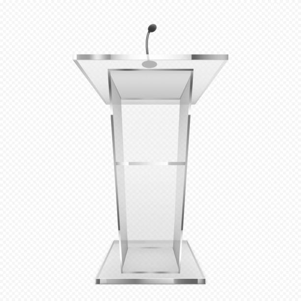 Glass pulpit, podium or tribune, rostrum stand Glass pulpit, podium or tribune. Rostrum stand with microphone for conference debates, trophy isolated on transparent background. Business presentation speech pedestal Realistic 3d vector illustration announce stock illustrations
