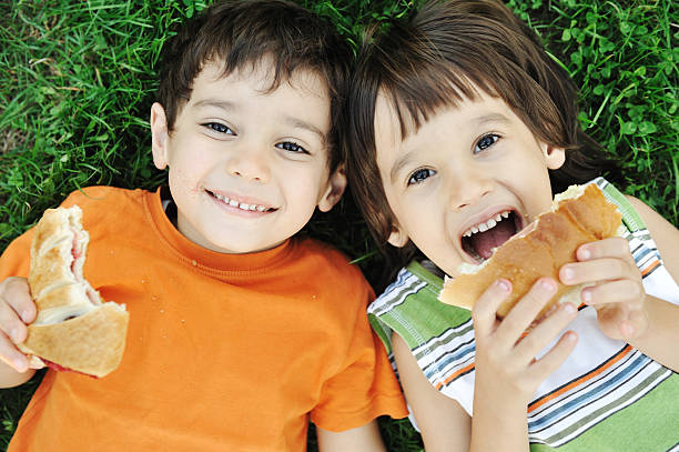 Two smiling boys with snacks on green grass stock photo