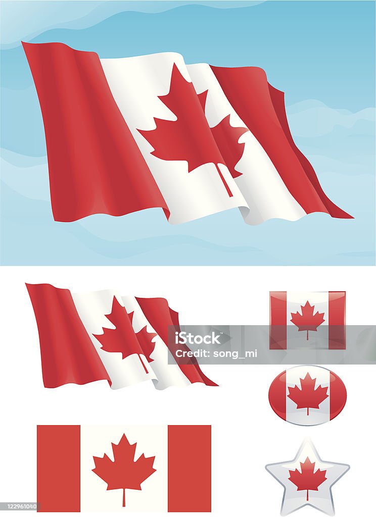 Set of Canadian flag Flag of Canada on blue sky, Isolated on white background and icons with it - star, square and oval shape. File includes high res jpg, eps 8. Canada stock vector