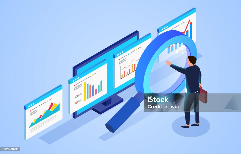 Financial data monitoring and analysis, businessman standing in front of magnifying glass and observing webpage data Isometric Projection stock vector