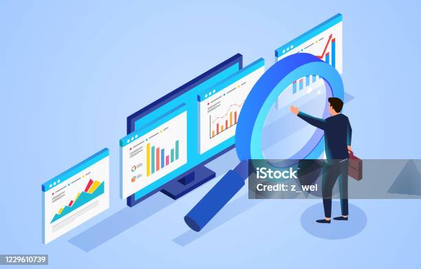 Financial Data Monitoring And Analysis Businessman Standing In Front Of Magnifying Glass And Observing Webpage Data Stock Illustration - Download Image Now