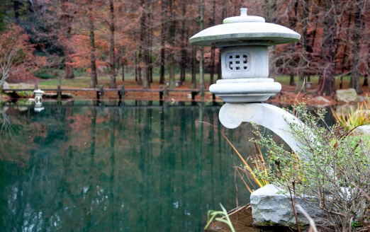 Japanese stone lantern. Fall. Japanese Garden, Maymont Park, Richmond, Virginia. Horizontal.-For more Japanese Garden images, click here.  Japanese Gardens