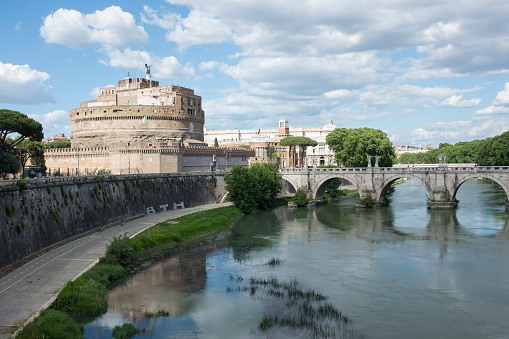 Castel Sant'Angelo in Vatican, Rome with few people on a sunny day in Italy, after the Italian government loosened quarantine measures for Covid-19 virus. (Rome, may 27 2020)