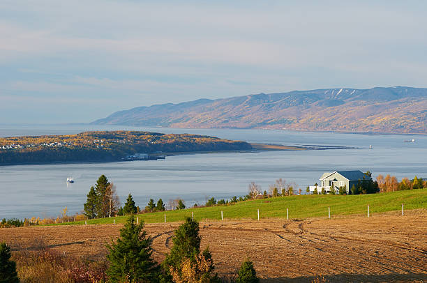 Scenery of the lake and green grass with farm in Quebec House near the Saint Lawrence River, Isle aux Coudres, Quebec, Canada charlevoix photos stock pictures, royalty-free photos & images