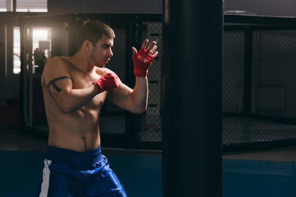 istock Muscular hardworking fighter practicing with punching bag indoor. 1229762373