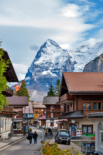 Lauterbrunnen, Switzerland - October 2019: Murren, a mountain village situated in the Bernese Highlands providing scenic views of the famous summits, the Eiger, Monch, and Jungfrau, in Switzerland