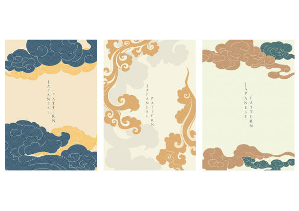 illustrazioni stock, clip art, cartoni animati e icone di tendenza di sfondo della nube asiatica con vettore del modello d'onda giapponese. modello orientale in stile vintage. - oriental pattern