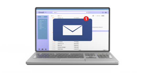 istock Email message inbox notification on laptop screen isolated on white background. 3d illustration 1229883295