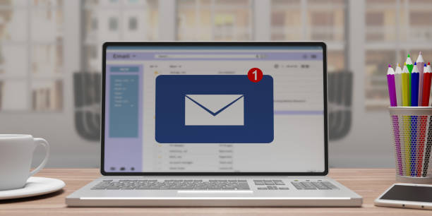 Email message inbox notification on laptop screen, business background. 3d illustration