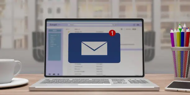 Photo of Email message inbox notification on laptop screen, business background. 3d illustration