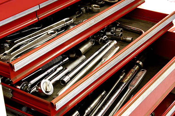 istock Red, metal toolbox drawers with sockets, wrenches. Workshop, mechanic. 122989685